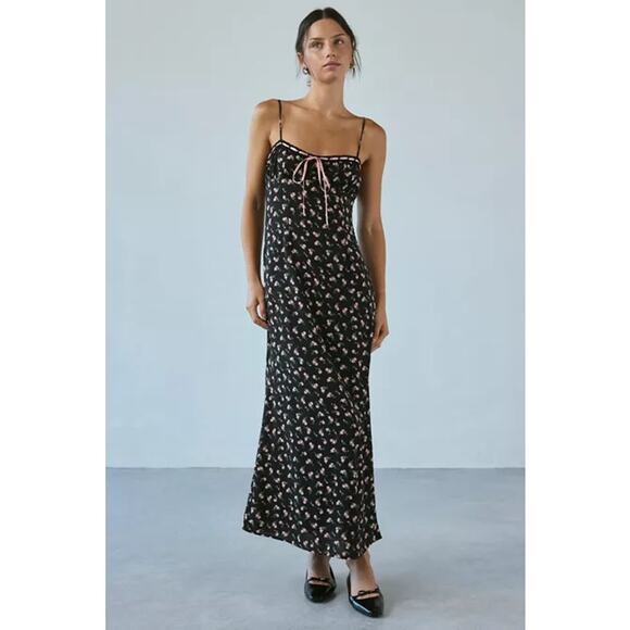 Urban Outfitters Kiss The Sky Black Floral Slit Bustier Cami Midi Slip Dress XS - Picture 1 of 6